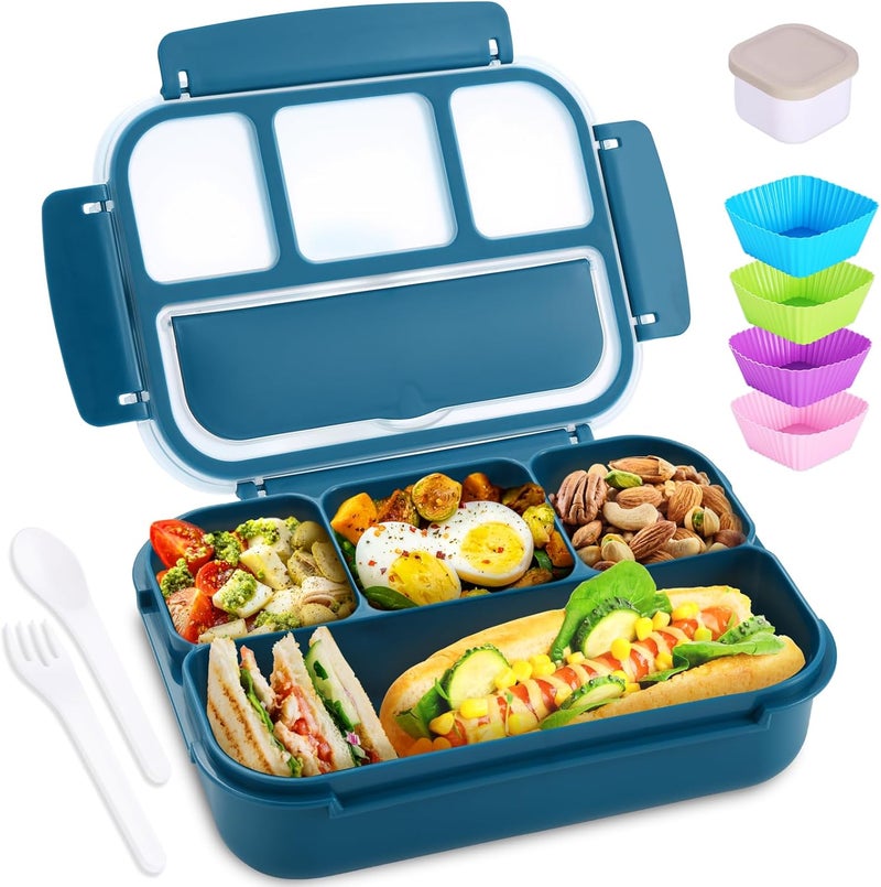 shell and turtle Bento Box Adult Lunch Box, Kids Lunch Containers for School with 4 Compartments, with Utensils, Sauce Jar, Muffin Liners, Microwave Safe, Navy - Image 1